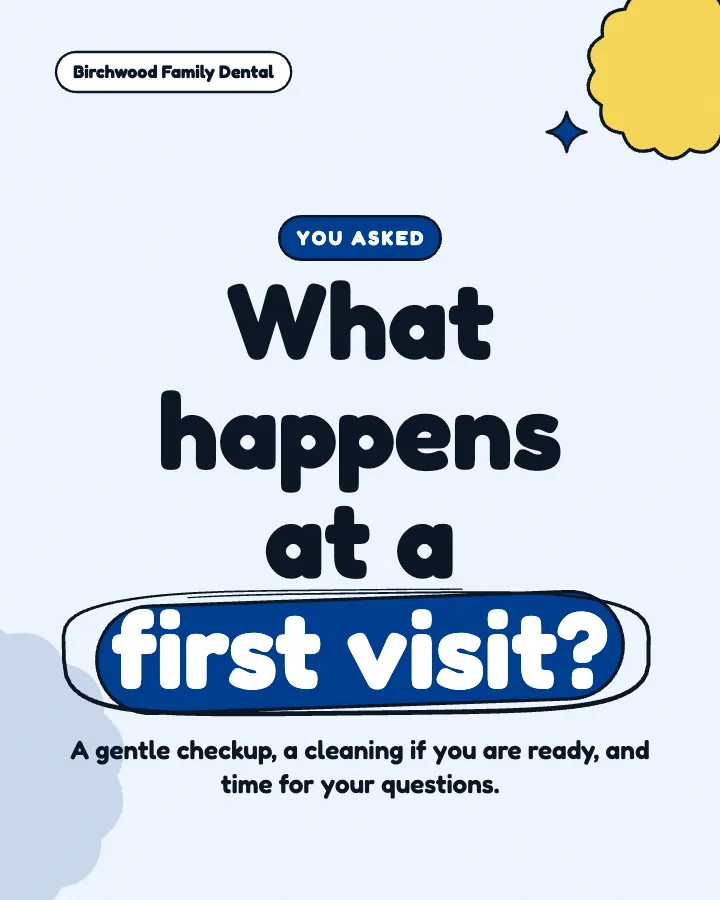 Birchwood Family Dental post: "What happens at a first visit?" (faq, Playful style)