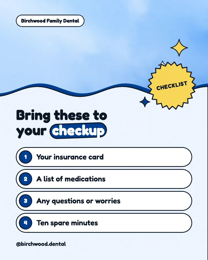 Birchwood Family Dental post: "Bring these to your checkup" (checklist, Playful style)