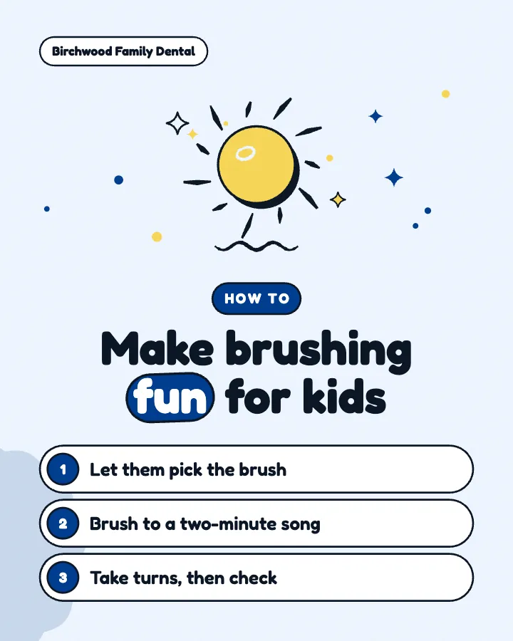 Birchwood Family Dental post: "Make brushing fun for kids" (how-to, Playful style)