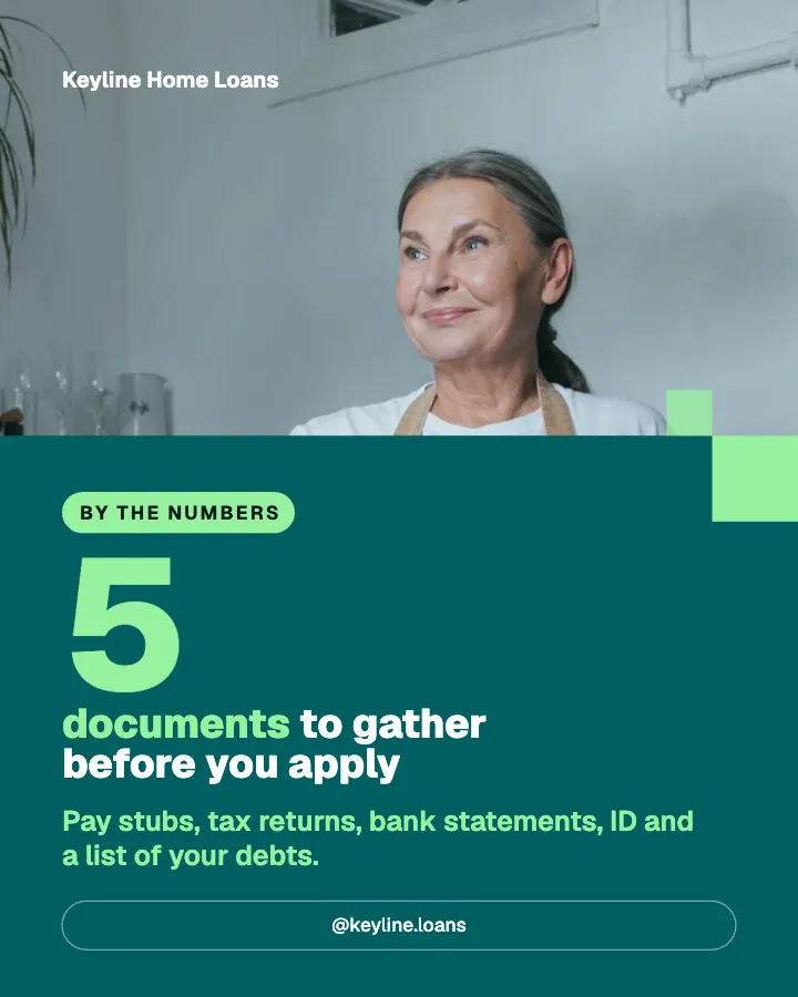 Keyline Home Loans post: "5 documents to gather before you apply" (number, Block style)