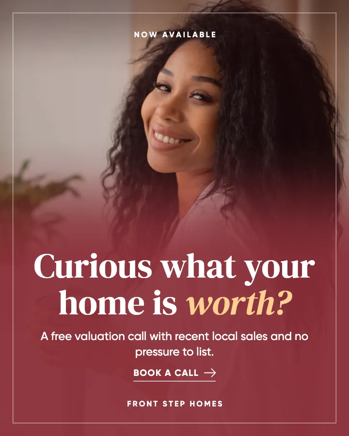 Front Step Homes post: "Curious what your home is worth?" (offer, Editorial style)