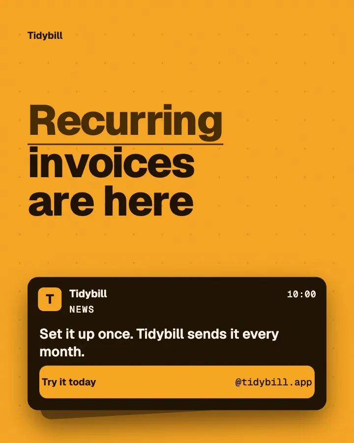 Tidybill post: "Recurring invoices are here" (announcement, Block style)