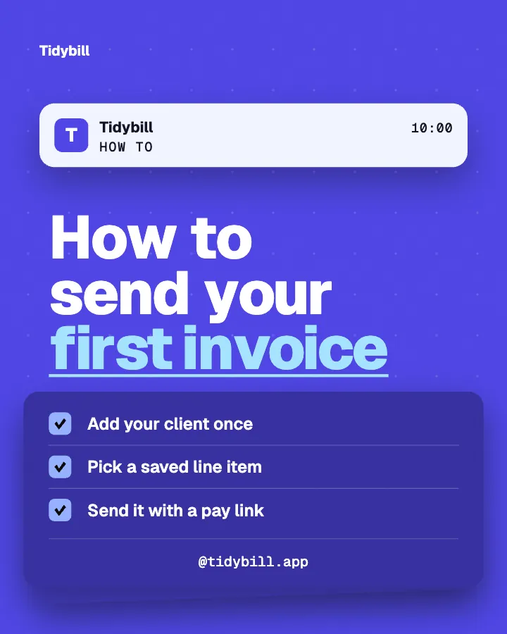 Tidybill post: "How to send your first invoice" (how-to, Block style)