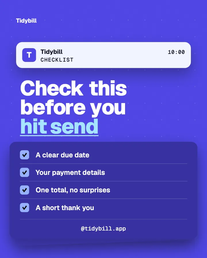 Tidybill post: "Check this before you hit send" (checklist, Block style)