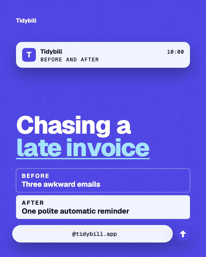 Tidybill post: "Chasing a late invoice" (before / after, Block style)