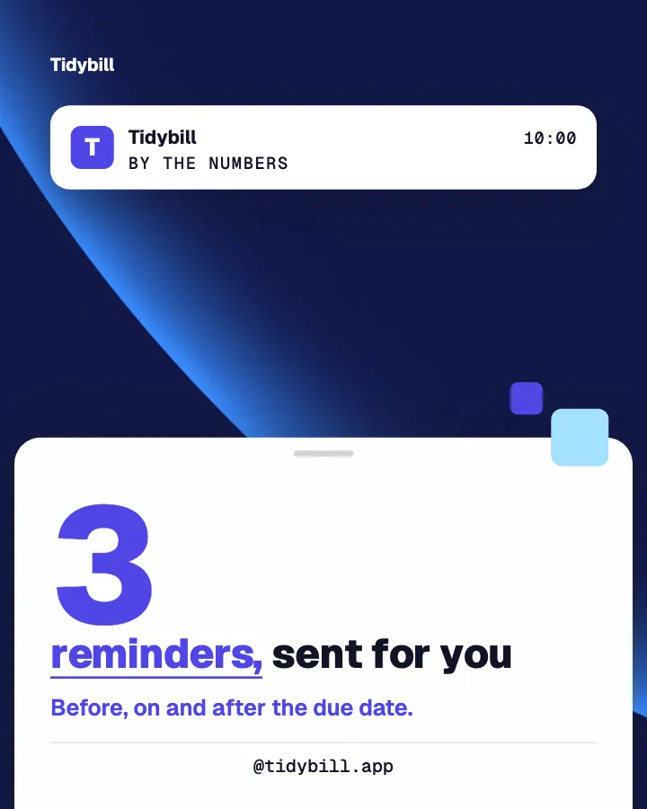 Tidybill post: "3 reminders, sent for you" (number, Block style)