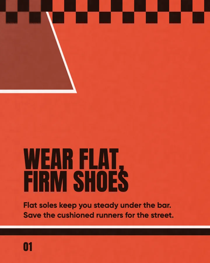 Northside Strength carousel, slide 2, "Wear flat, firm shoes": Flat soles keep you steady under the bar. Save the cushioned runners for the street. (Poster style)